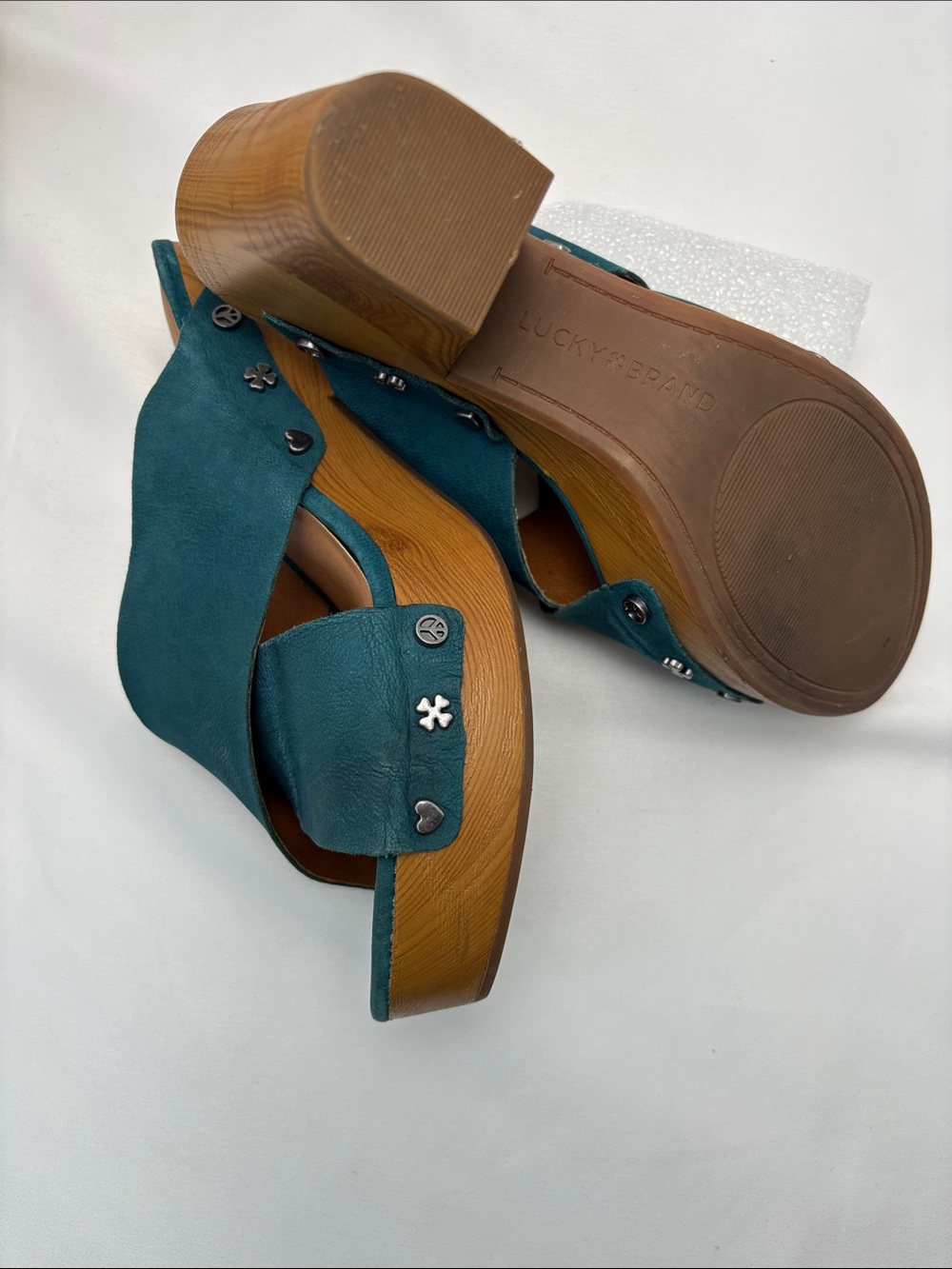 Lucky Brand Women’s 6 Teal Crisscross Leather Platform Mules #355 - Picture 8 of 12